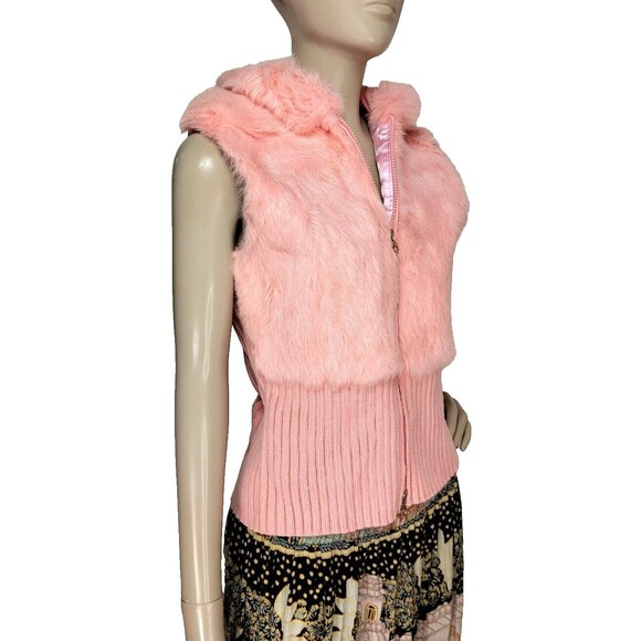 Vintage Y2K Coquette Girl Pink Ribbed Knit Rabbit Fur Hooded Zip-Up Sweater Vest - Picture 1 of 13